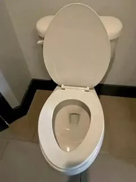 A clean toilet, seat up, with a spotless bowl and base
