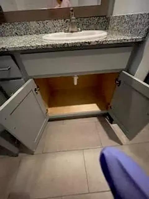 A bathroom vanity with the cabinet doors open, wiped clean inside